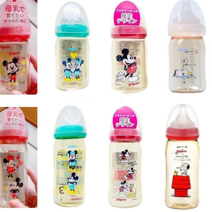 ❈ Pigeon Disney 160ml 240ml Botol Susu PPSU Wide Neck Mickey Minnie Pooh Snoopy ➭