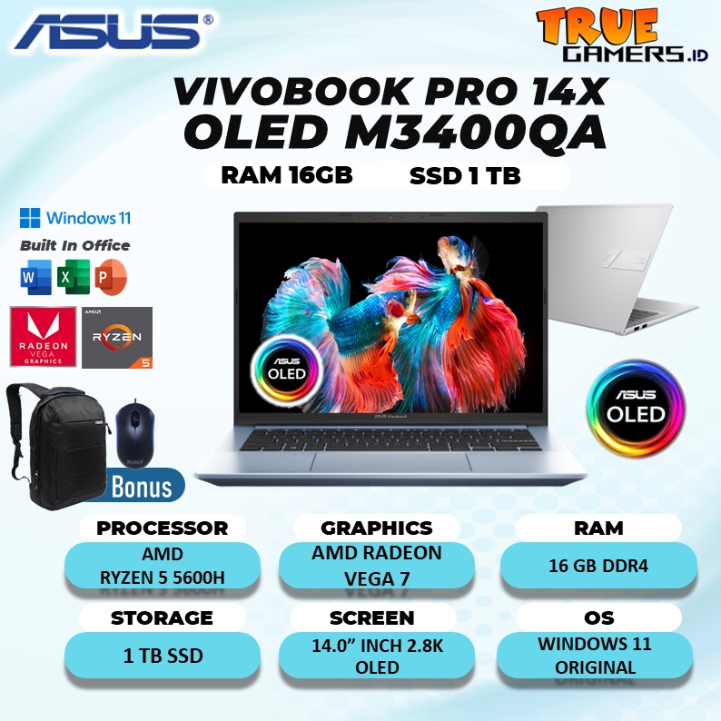 LAPTOP ASUS VIVOBOOK PRO 14X OLED M3400QA RYZEN 5 5600H 16GB 512SSD VEGA WIN11+OHS 14.0 2.8K