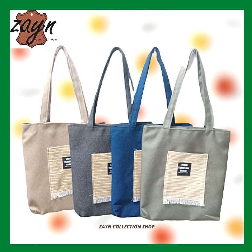 Tote Bag Wanita Resleting Kanvas Premium Shoulder Bag/Tas Bahu Perempuan