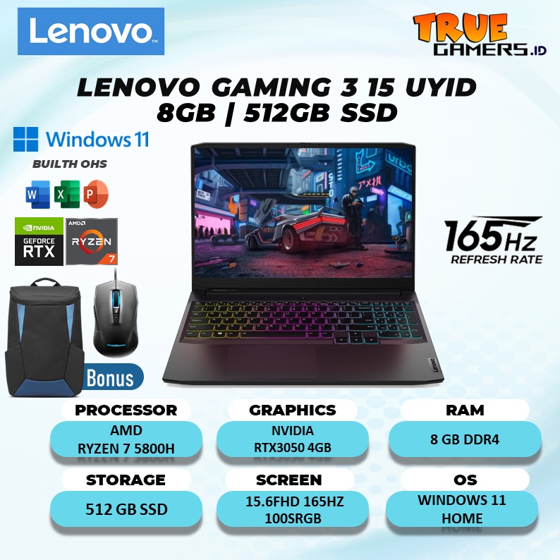 LAPTOP  GAMING RTX3050 4GB RYZEN 7 5800H 16GB 512SSD  WIN11 OHS 15.6FHD 165HZ 100SRGB 4ZRGB