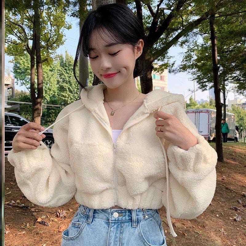 Jaket Sherpa Hoodie Bulu Wanita Cute Girls / Jaket Crop Sherpa Wanita Gaya Korea / Sherpa Jacket Hoodie Bulu Domba Angsa terbaru 2023