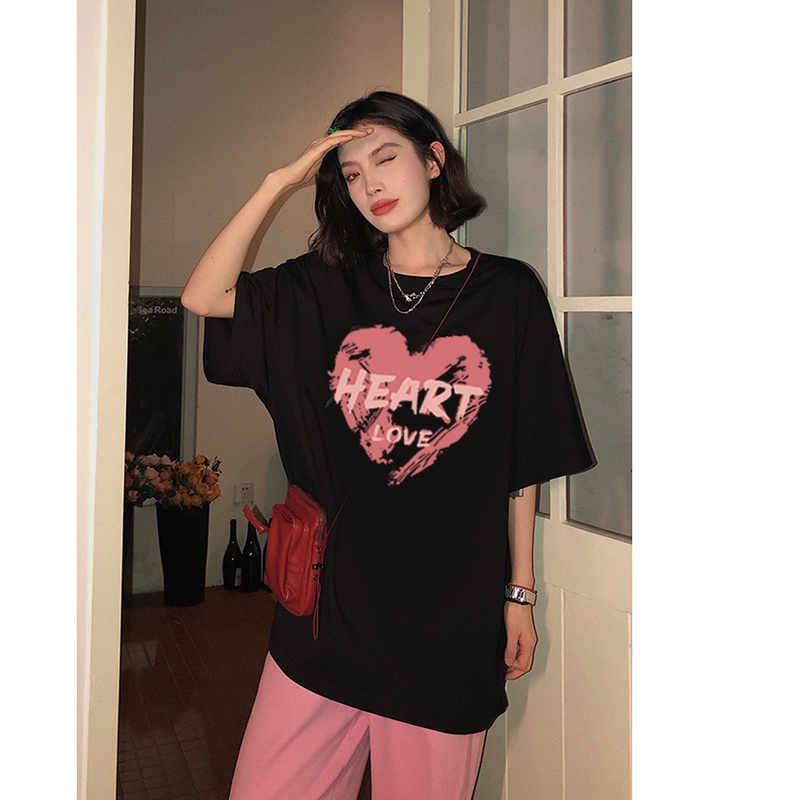 kaos wanita korean style heart graphic print t-shirt oversize lengan pendek import kaos hitam