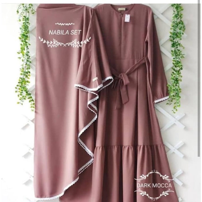 Gamis Syari Nabila set Hijab Polos Muslim wanita Fashion muslim - dark mocca W5V7