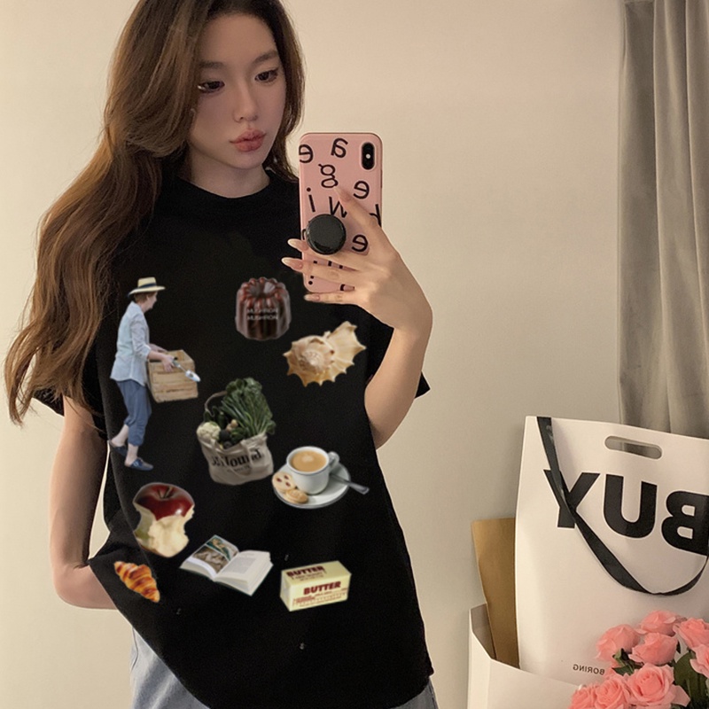 Print T-shirt Kaos Lengan Pendek Cartoon Peasant Life Cube Atasan Wanita Korean Style