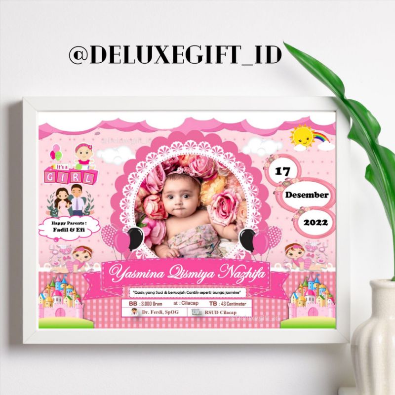 (Part 1) Bingkai cetak foto biodata bayi newborn 2D, bingkai kaca A4