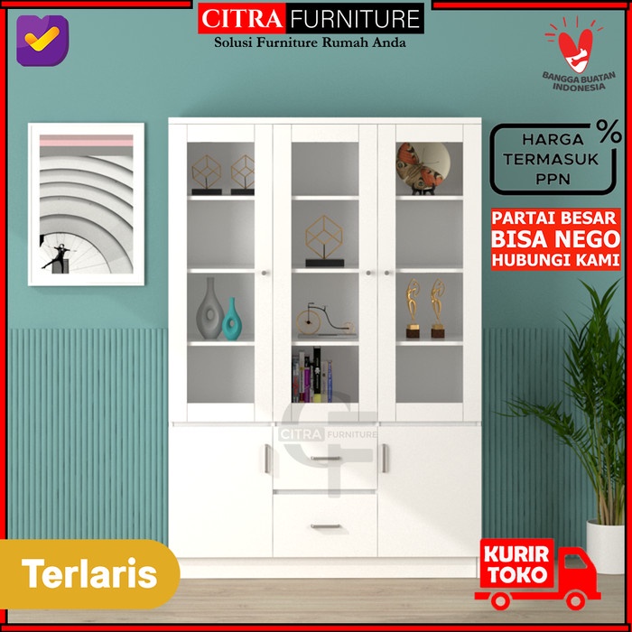 Best Seller Lemari Pajangan Hias 3 Pintu Kaca Minimalis Kabinet Serbaguna Buku