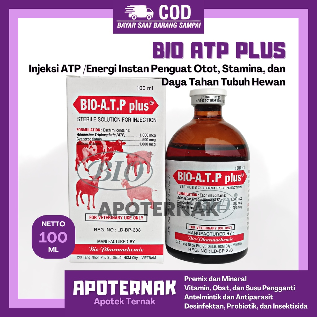 BIO ATP PLUS 100 mL | Injeksi ATP Energi Instan Penguat Otot Stamina dan Daya Tahan Tubuh Hewan | Seperti Biodin Biosan Biotonik Biopros