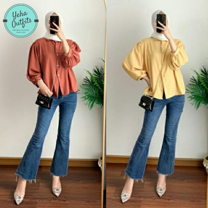 Atasan Wanita Elze Blouse Wanita Korea Baju Atasan Muslim Lengan Panjang Terbaru - Mustard Termurah 