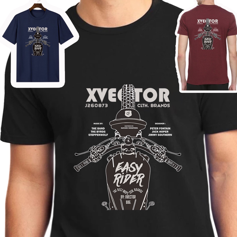 VALECTOR Kaos Pria Distro Katun Combed 30s Print Motor EASY RIDER Shirt Terbaru 2023 Hitam Abu Navy Marun Hijau