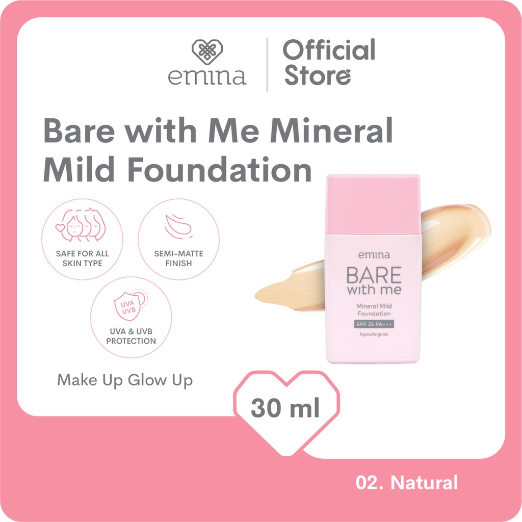 Emina Bare with Me Mineral Mild Foundation 30 mL - Semi Matte Finish, Perlindungan terhadap Sinar UV