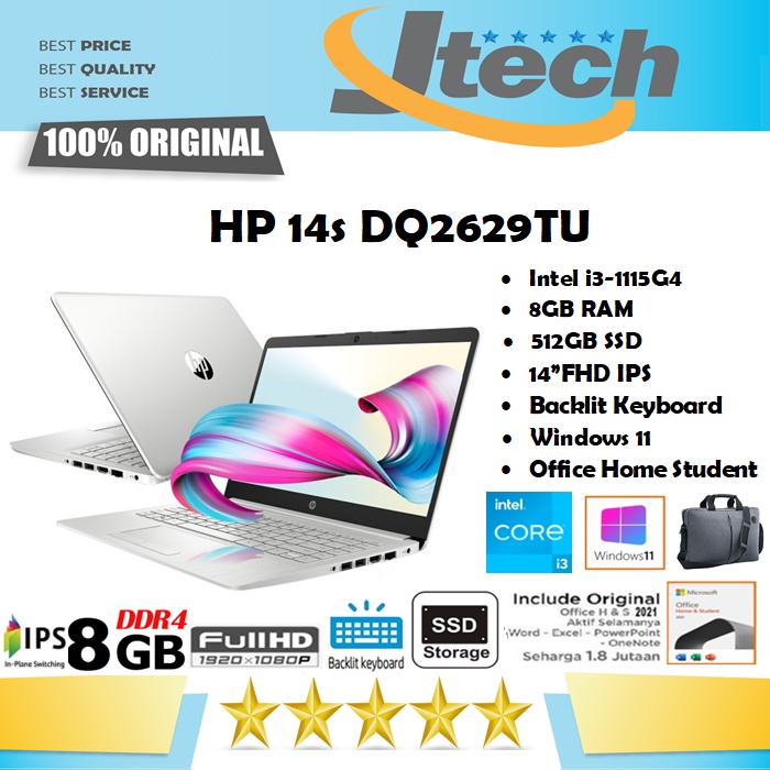 LAPTOP HP 14s DQ2629TU - i3-1115G4 - 8GB - 512GB SSD - BACKLIT KB - 14&quot;FHD IPS - WIN11 - OFFICE HOME STUDENT