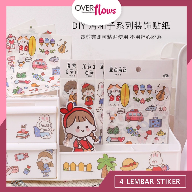 OVERFLOWS.ID 4 LEMBAR STIKER KARTUN BUNGA LUCU UNTUK DEKORASI ALBUM FOTO STICKER SCRAPBOOK NOTEBOOK DIY