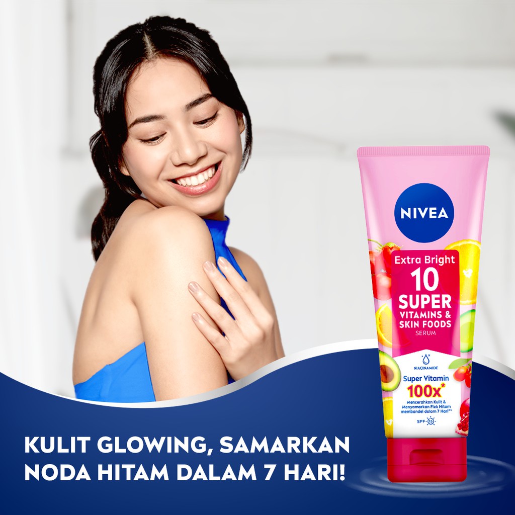 NIVEA EXTRA BRIGHT BODY SERUM 10 SUPER VITAMIN [ 180 ML ] SKIN FOOD + NIACINAMIDE SPF15 SUPERVITAMIN MENYAMARKAN FLEK HITAM DALAM 7 HARI VITAMINS SKIN FOODS 100X MENCERAHKAN KULIT