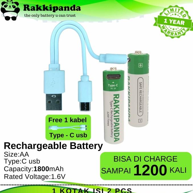 Rakkipanda Baterai Type-C USB Rechargeable ukuran AA