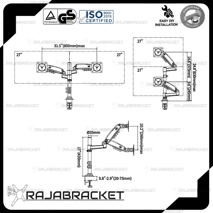 Bracket Monitor 17 19 22 24 27 inch, Bracket Dual Monitor Meja Full Motions Gas Spring Dual Arm Monitor