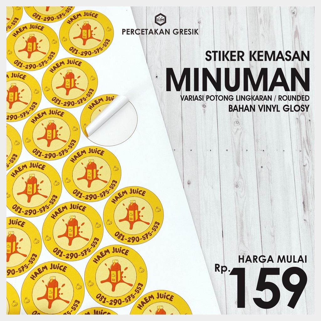 

[ BUY 5 GET 1 FREE ] Stiker Label Kemasan Minuman Desain Custome Bahan Vinyl Gloss White Variasi Bentuk Lingkaran & Kotak Potong Kisscut