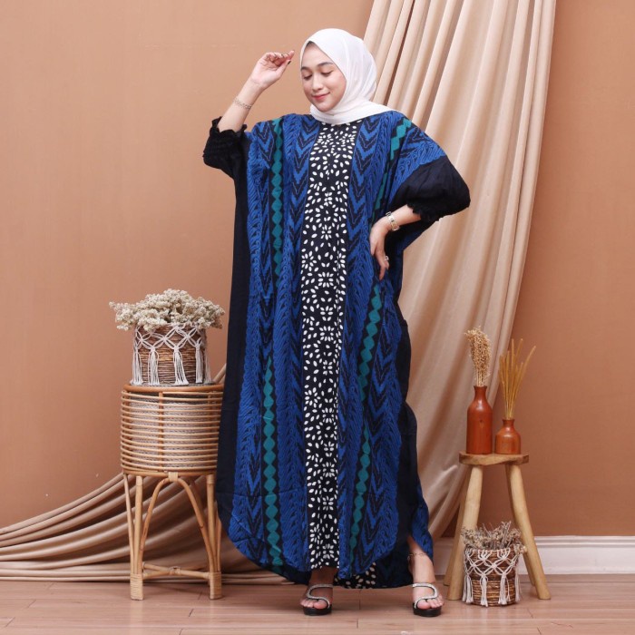 Kaftan /Daster Lowo Super Jumbo LD 150 /Daster Busui/Longdress - Daun biru (V3L8) Exclusive Kaftan S