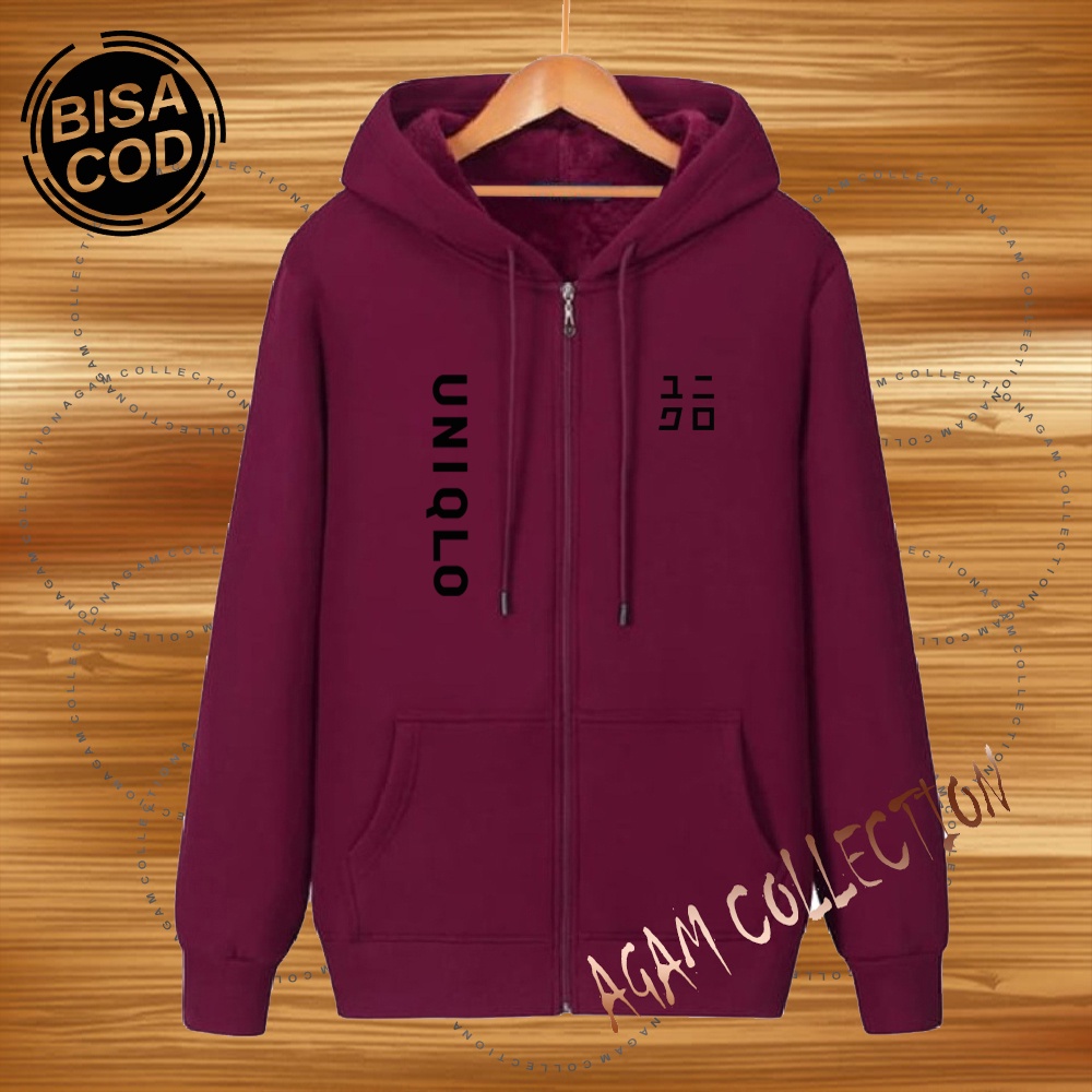 Agam collection Jaket Zipper Distro UniQlo Kirka Text Hitam Premium Quality Jaket Hoodie Pria Wanita