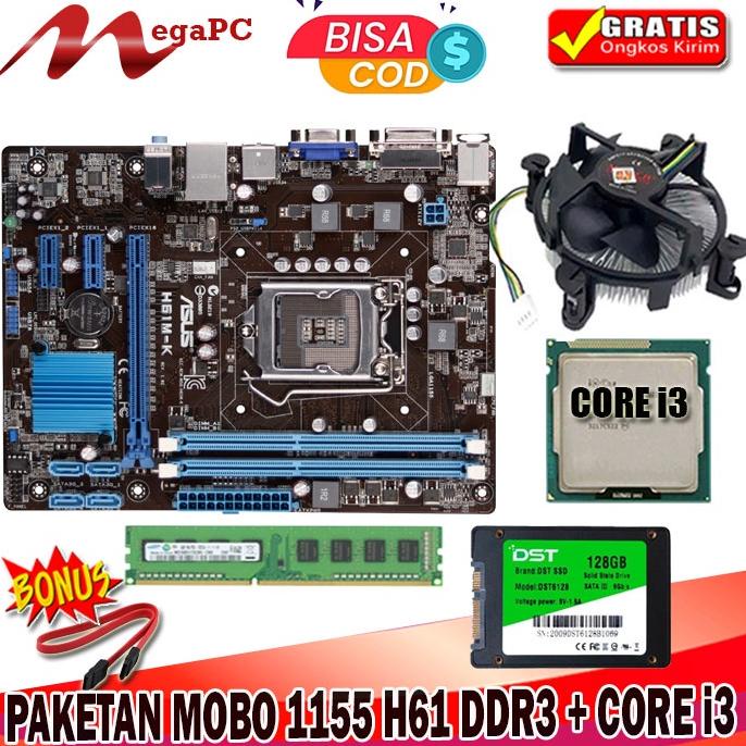 Paket Mainboard 1155 H61 DDR3 + Core i3 3220 + Ram + SSD 128GB Windows 7/10