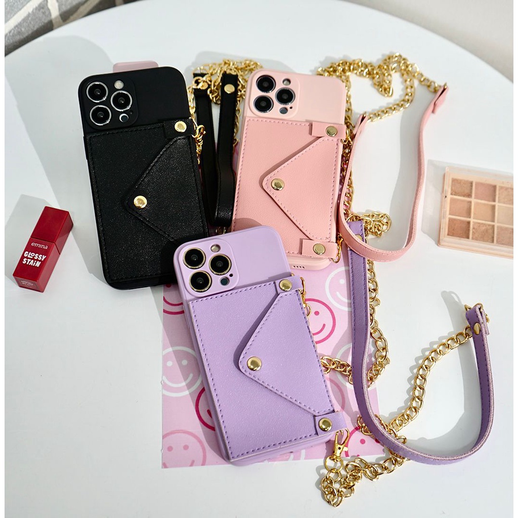 Case HP Dompet Kulit + Tali Rantai IPHONE X XS 13 MINI 11 PRO MAX 13 PRO 13 11 12 12 MINI 12 PRO MAX