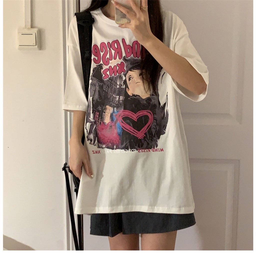 american retro baju kaos wanita lengan pendek cartoon graphic print import oversize kekinian kaos hitam