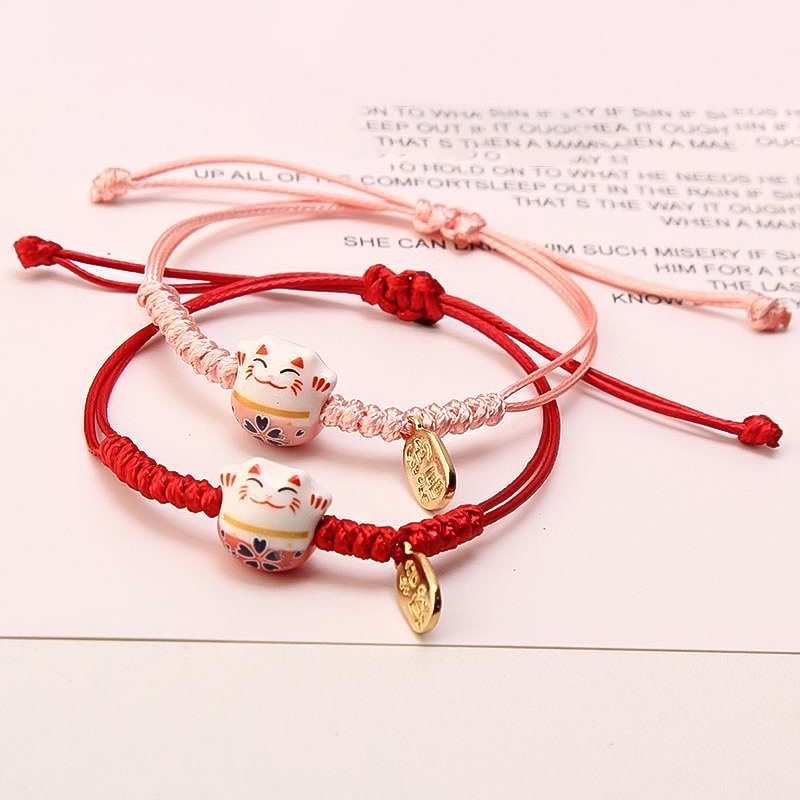 Benang Lilin Tenun Tangan Keramik Fortune Cat Gelang Desain Sense Pasangan Bracelet