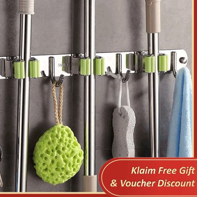 ♥ ES Rak Gantungan Alat Pel Sapu Rak Dinding Tempel Rak Serbaguna Rak Kamar Mandi Rak Stainless Stee
