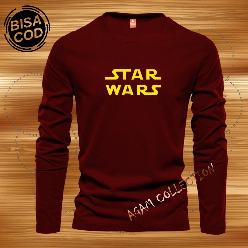 Agam Collection Baju Kaos Distro starwars Teks Kuning Lengan Panjang Premium Quality Kaos Pria Keren Kaos Cewek/Cowok