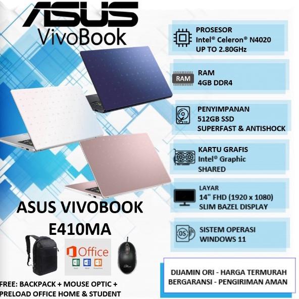 Laptop Asus Vivobook E410MA Intel N4020 Ram 4GB 64GB + 256GB SSD Win11Home