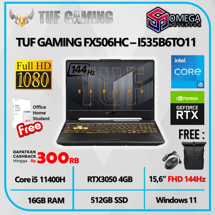 ASUS TUF F15 FX506HC I535B6TO11 i5 11400H 16GB 512GB RTX3050 4GB 15,6 FHD 144Hz