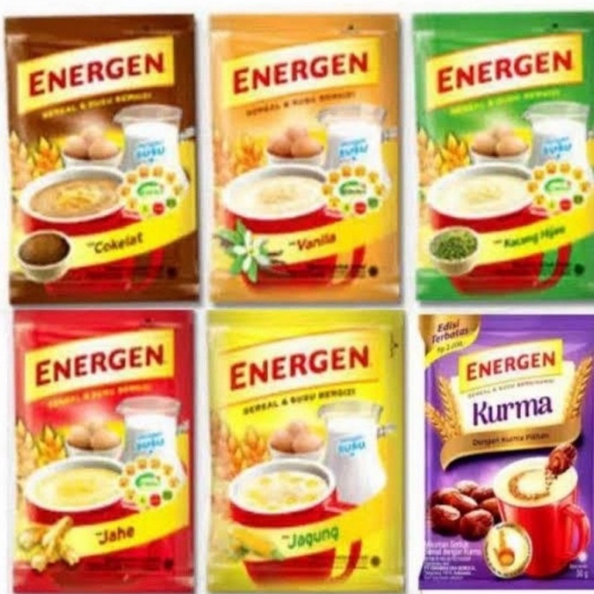 

minuman instant energen sereal dan susu vanilla, jahe, jagung, kurma, coklat dan kacang hijau (satu renceng=10 pcs)