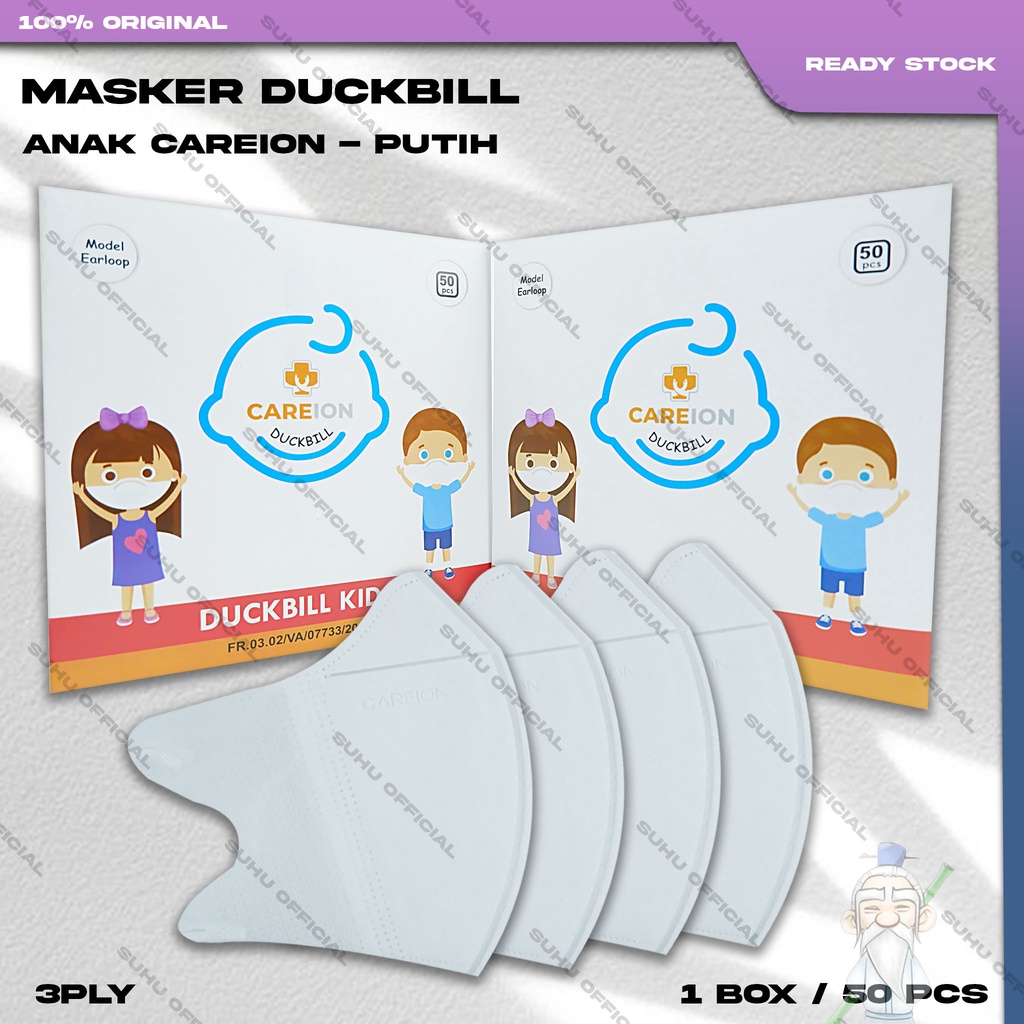 Masker Anak Duckbil CAREION 3Ply Isi 50Pcs Putih White Duckbill Earloop Surgical Mask Kemenkes