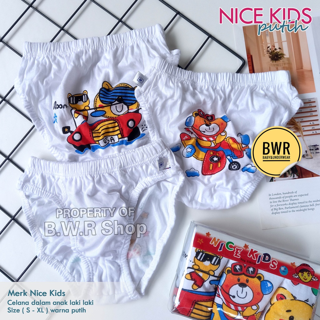 [ 3pc ] CD Nice Kids Mika PUTIH / Celana Dalam Anak Gambar Karakter Dasar Putih | Bwr