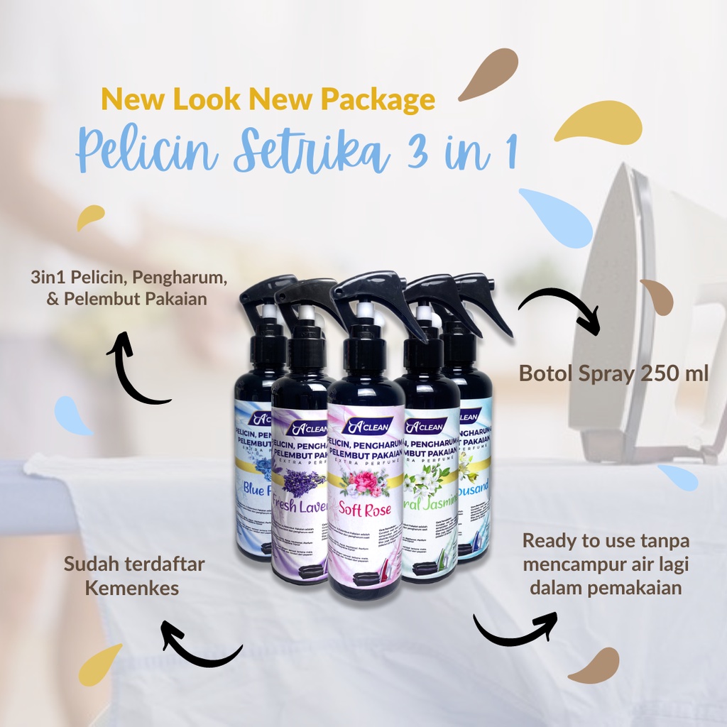 Pelicin Setrika Pakaian 3 in 1 Botol Spray / Pengharum dan Pelembut Pakaian &amp; Laundry 250ml