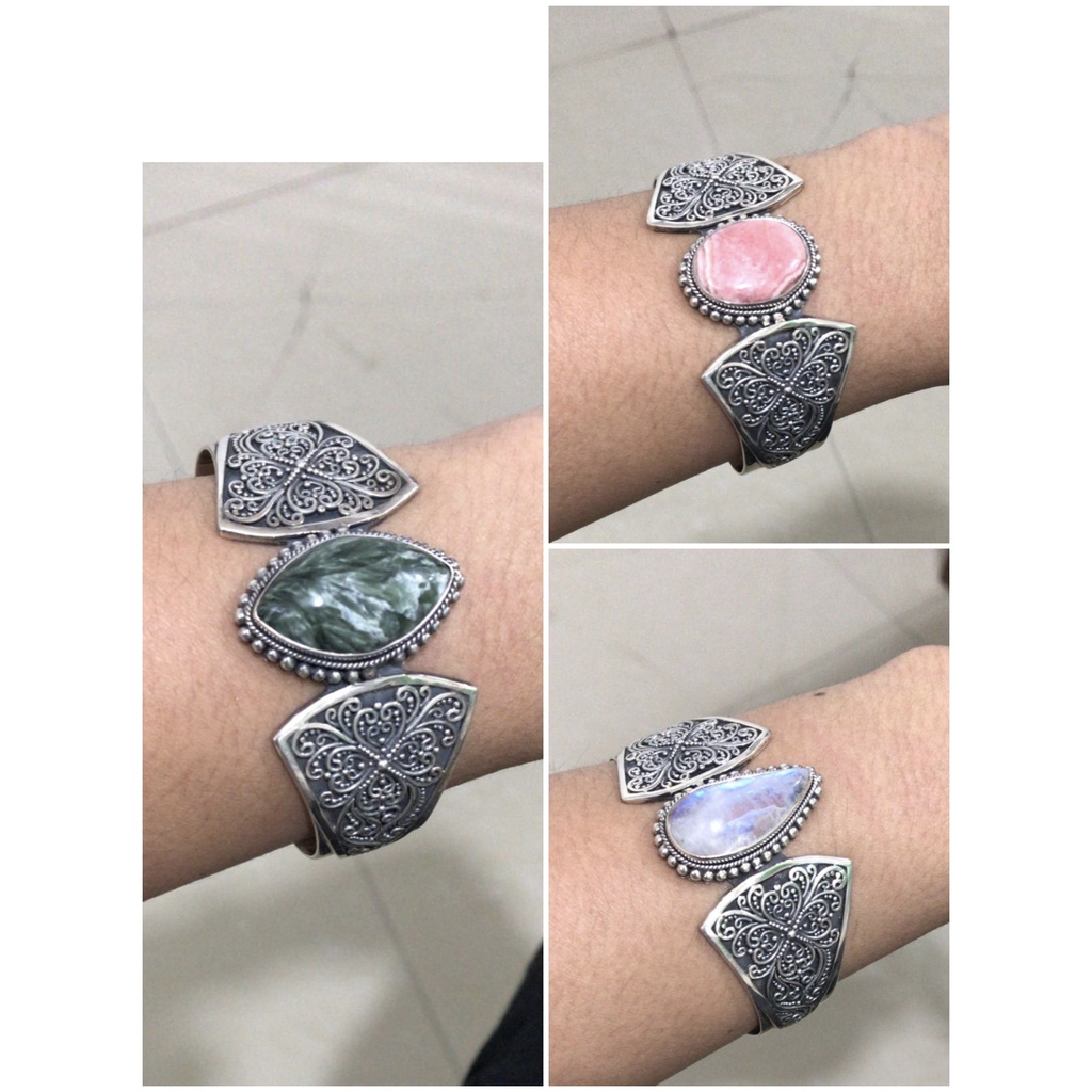 Gelang Bracelet Perak Silver Cuff Bali Asli 925 Batu Angel Seraphinite Rhodochrosite Moonstone Besar