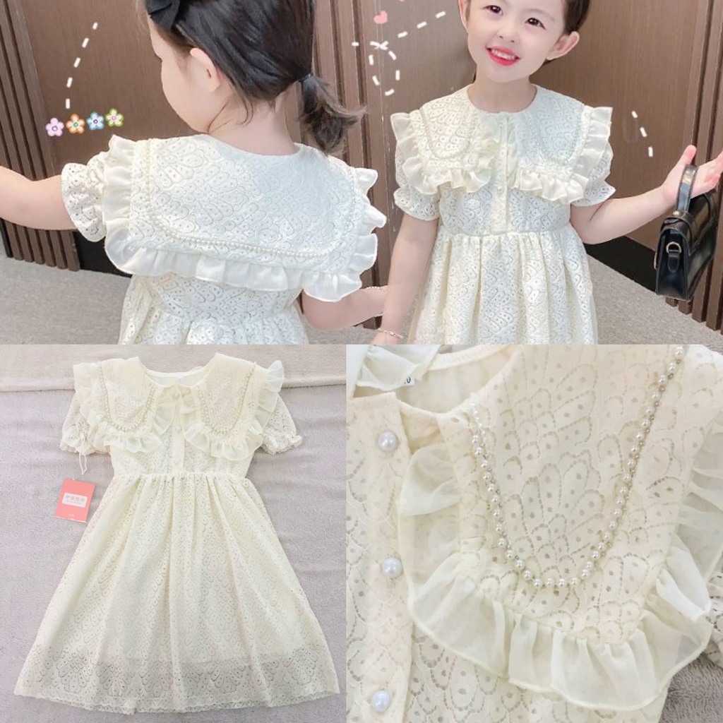 (3-10th) Dress brukat putih anak remaja import gaun pesta brokat lembut mutiara brocade renda anak t