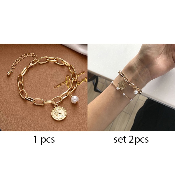 gelang set 2pcs double layer pearl chain bracelet (1H2) jge099