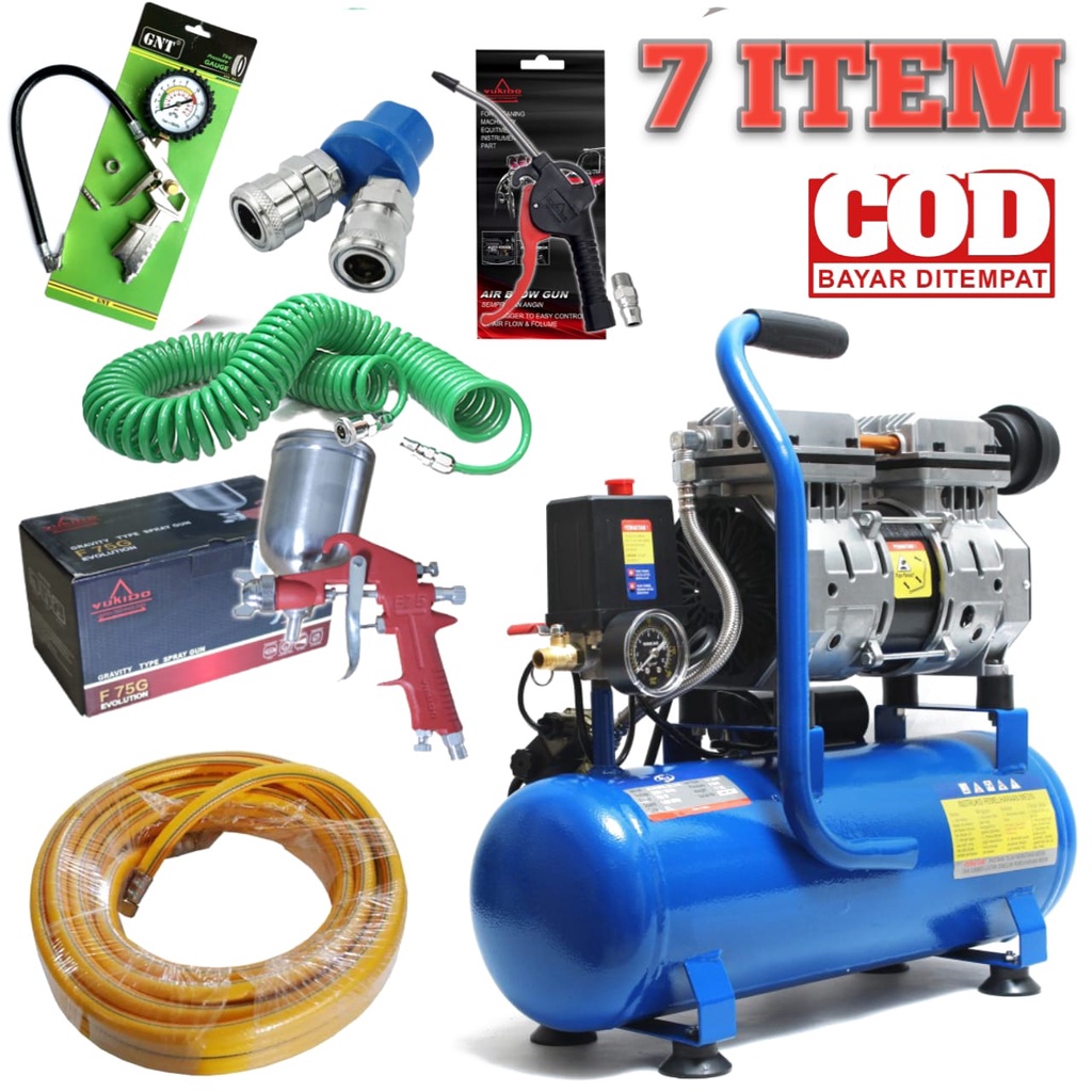 PAKET LENGKAP MESIN KOMPRESOR LISTRIK 7 ITEM Air Compressor Direct Kompresor Angin Listrik 1 HP 9L Oilless Silent
