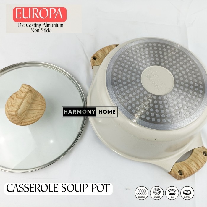 Europa Casserole Marble 28 Cm Panci Soup Pot Anti Lengket + Tutup Kaca Panci Sop Keramik Marbel AntiLengket tanpa minyak Casserole Diecast Almunium Non Stick 28 Cm