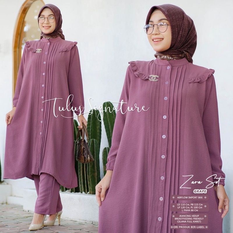 Zara Set/Stelan Long Tunik Cringkle Airflow/One Set Long Tunik Cubit Terbaru - ZARA SET CRINKLE JUMB