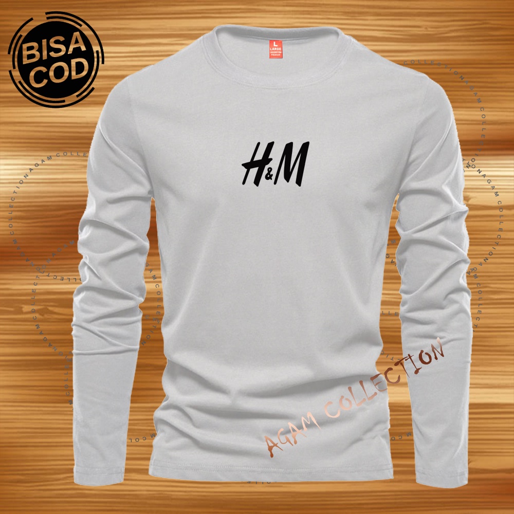 Agam Collection Baju Kaos Distro H&amp;M Text Hitam Lengan Panjang Premium Quality Kaos Pria Keren Kaos Cewek/Cowok