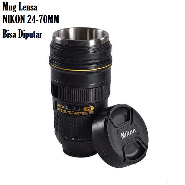 Mug Lensa Nikon Zoom - 24-70MM - Gelas Thermo Tahan Panas Dingin - Bisa Di-Zoom - Mirip Lensa Kamera Asli