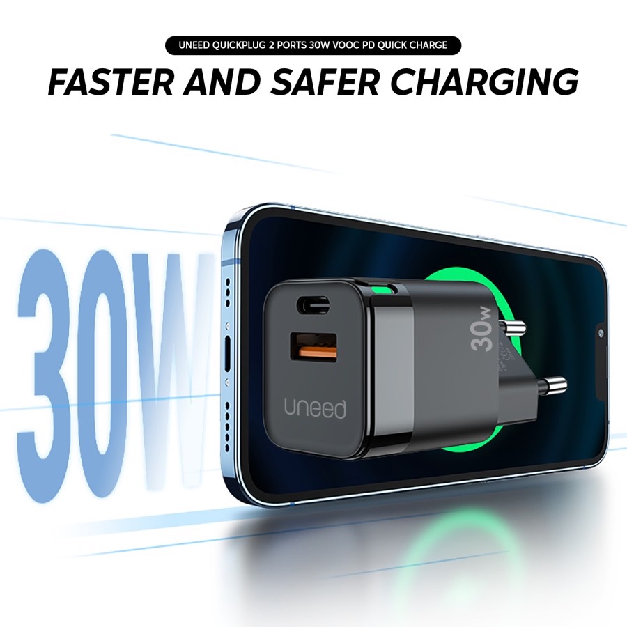 UNEED Mini Wall Fast Charger Dual Port 30W VOOC PD 3.0 QC PPS - UCH426