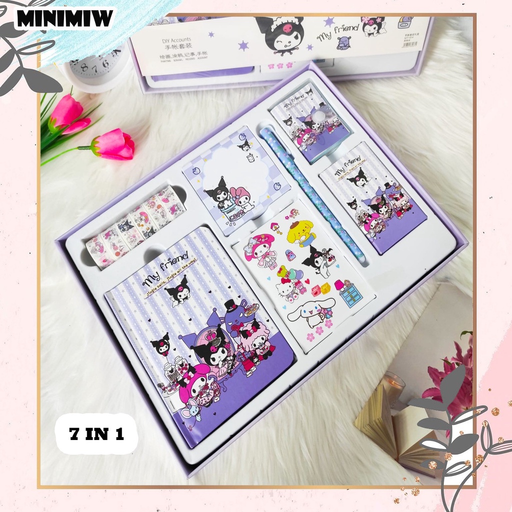 PAKET JURNAL 7 IN 1 STICKER SANRIO KUROOMI UNIK ALAT JURNALING LUCU IMUT KARAKTER GAMBAR GIFT BOX