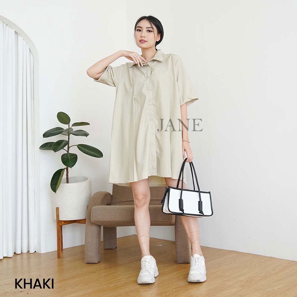 JANE COLLECTION || Dress Oversize Kancing Depan Kemeja Kantor Wanita Basic Cotton Casual Midi Ukuran Bigsize Jumbo Loose Dress Katun Milly