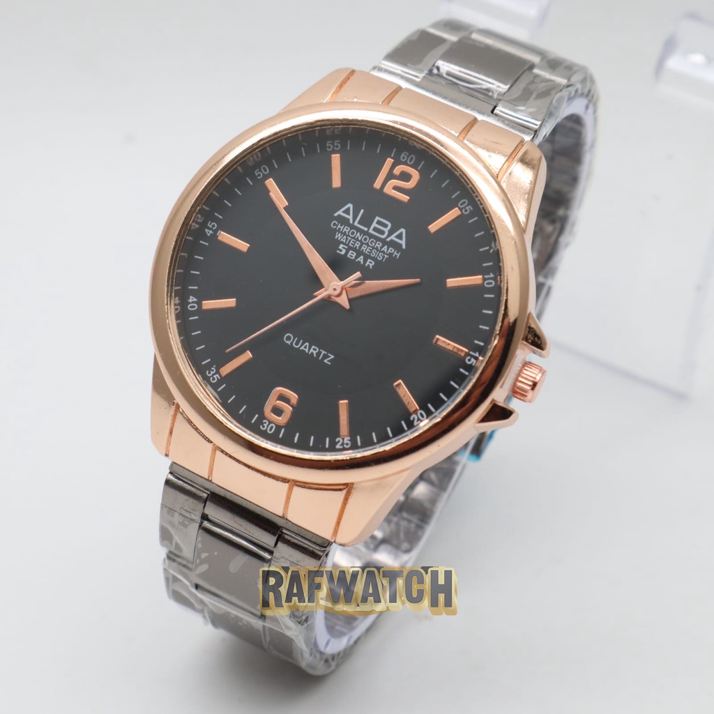 Jam Tangan Pasangan Pria Wanita Analog Casual Rantai Stainless Hitam Rose RPA6