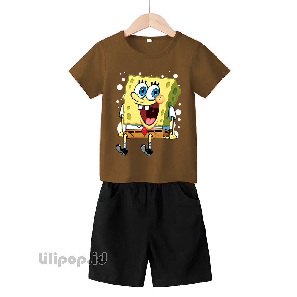 Baju Anak Stelan Kaos 3/4 sponge bob Cowok Cewek  Usia 2 - 7 Tahun Celana Pendek Harian