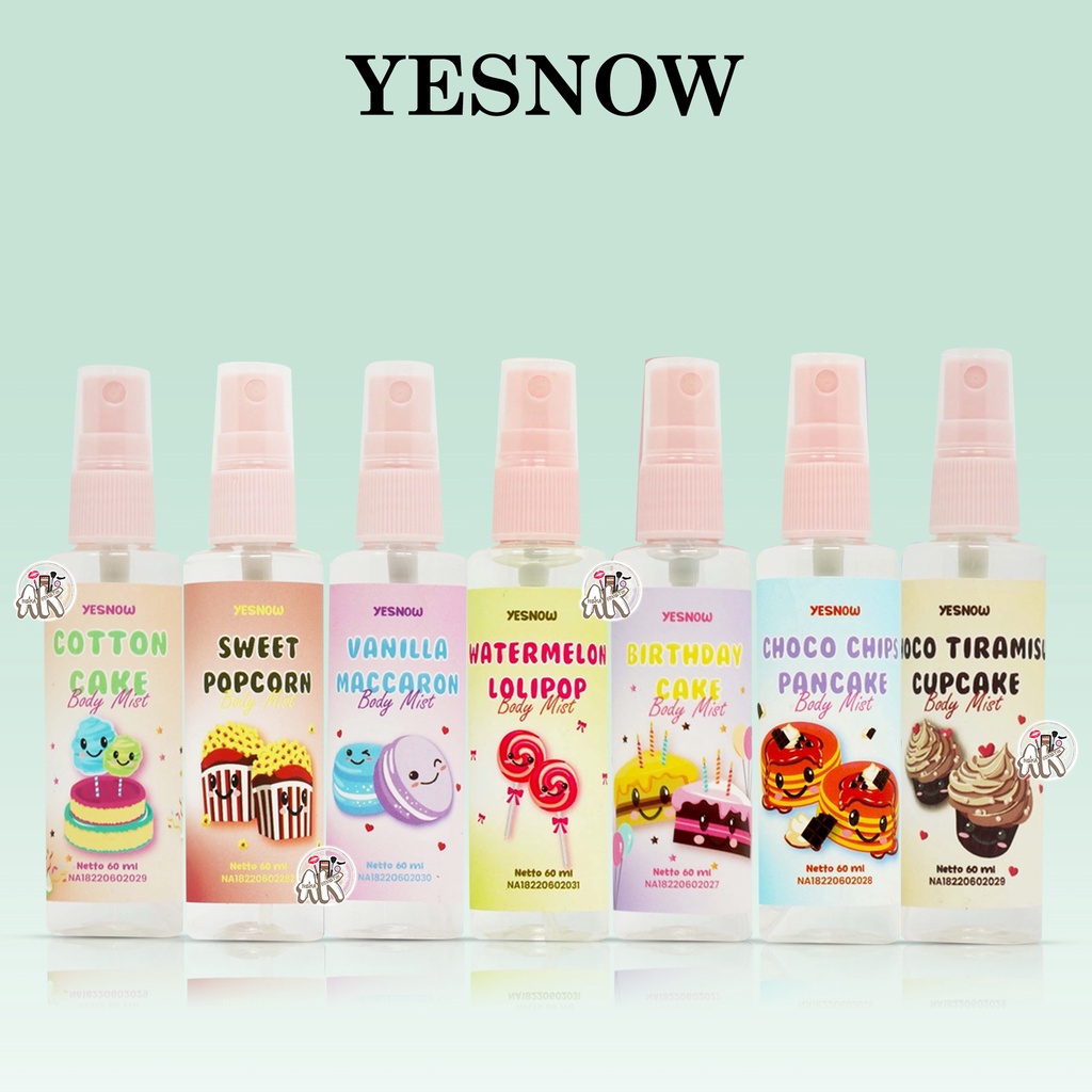 YESNOW BODY MIST SERIES 60ML ( BIRTHDAY CAKE / CHOCO CHIPS PANCAKE / CHOCO TIRAMISU / COTTON CAKE / SWEET POPCORN / VANILLA MACCARON / WATERMELON LOLIPOP )