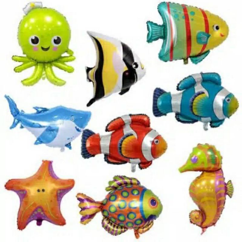 Balon foil karakter hewan laut sea animal binatang ikan shark hiu kuda laut mermaid hiasan dekorasi 