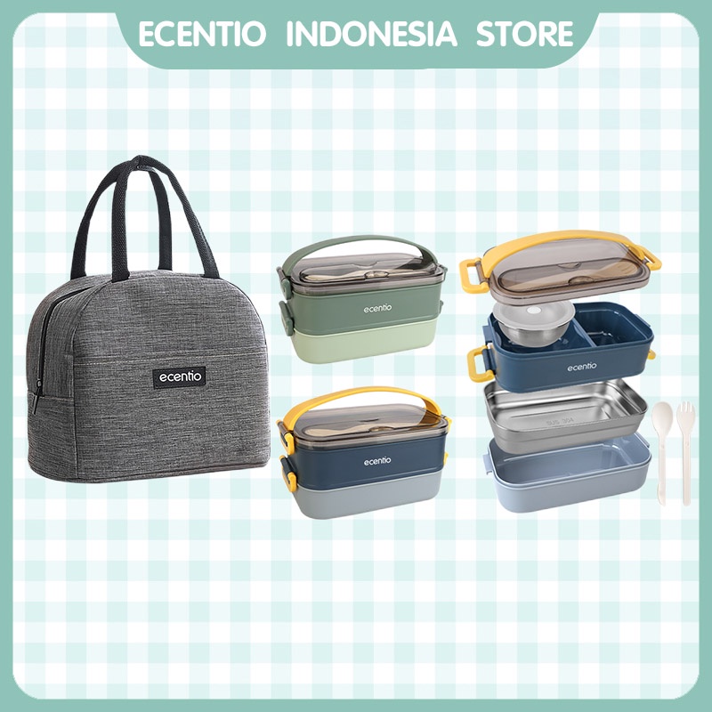 ecentio stainless steel 2 susun Kotak Makan tas bekal set anti tumpah/lunch box/tempat makan lunch bag set